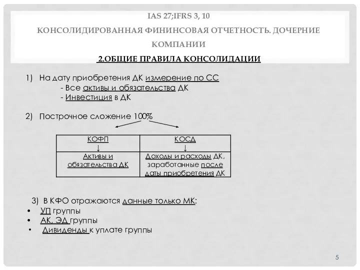 IAS 27;IFRS 3, 10 КОНСОЛИДИРОВАННАЯ ФИНИНСОВАЯ ОТЧЕТНОСТЬ. ДОЧЕРНИЕ КОМПАНИИ 2.ОБЩИЕ ПРАВИЛА КОНСОЛИДАЦИИ