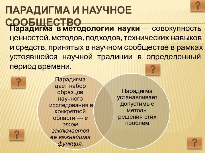 ПАРАДИГМА И НАУЧНОЕ СООБЩЕСТВО Парадигма в методологии науки — совокупность ценностей, методов,