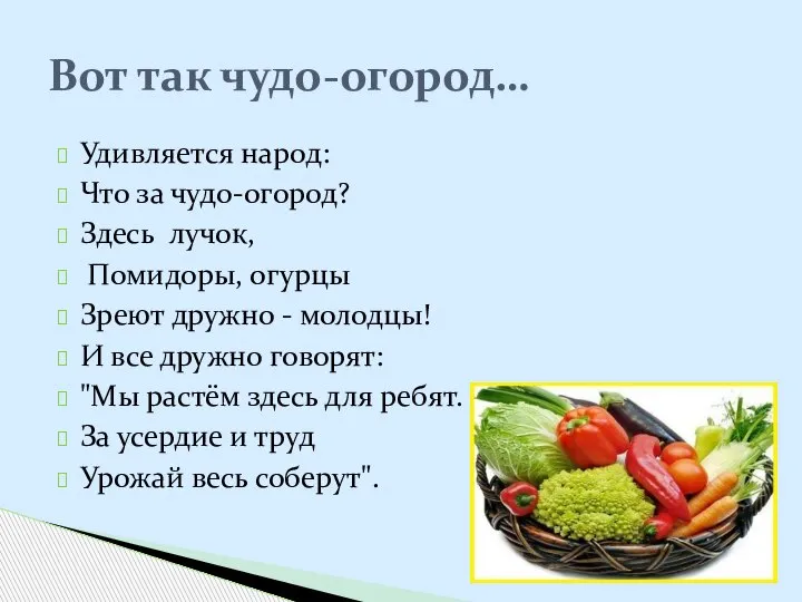 Удивляется народ: Что за чудо-огород? Здесь лучок, Помидоры, огурцы Зреют дружно -