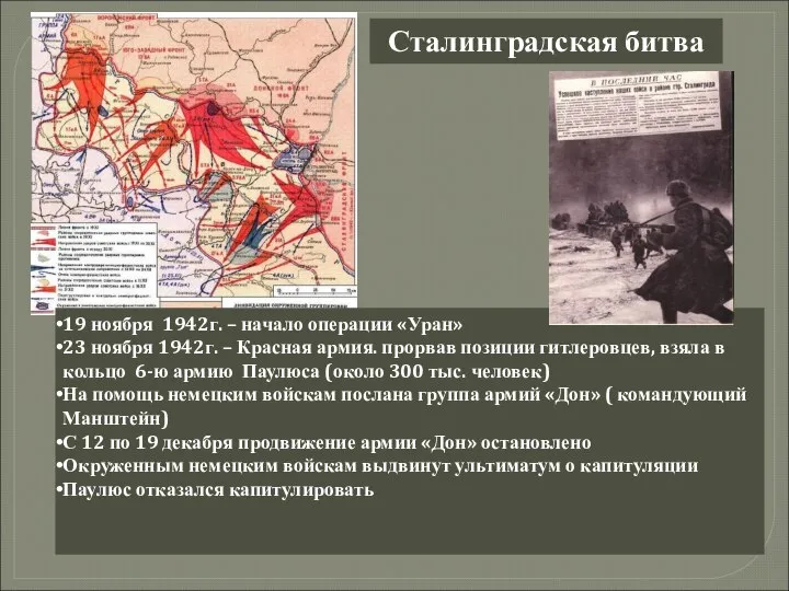 Сталинградская битва 19 ноября 1942г. – начало операции «Уран» 23 ноября 1942г.