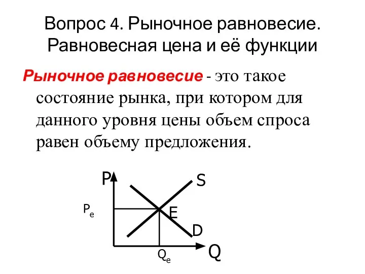 Вопрос 4. Рыночное равновесие. Равновесная цена и её функции Рыночное равновесие -