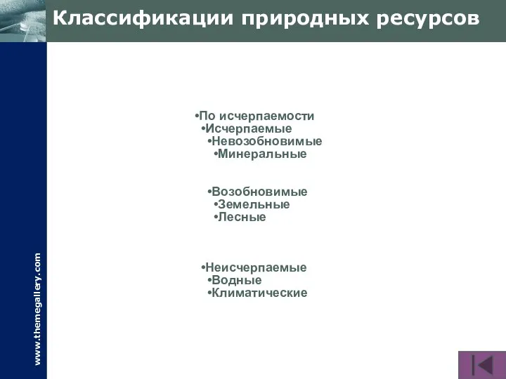 Классификации природных ресурсов По исчерпаемости Исчерпаемые Невозобновимые Минеральные Возобновимые Земельные Лесные Неисчерпаемые Водные Климатические