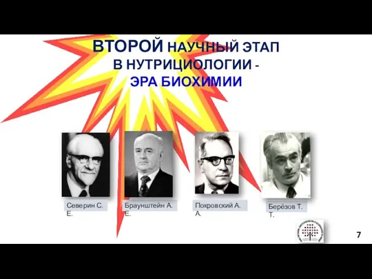 ВТОРОЙ НАУЧНЫЙ ЭТАП В НУТРИЦИОЛОГИИ - ЭРА БИОХИМИИ Покровский А.А. Северин С.Е. Берёзов Т.Т. Браунштейн А.Е.