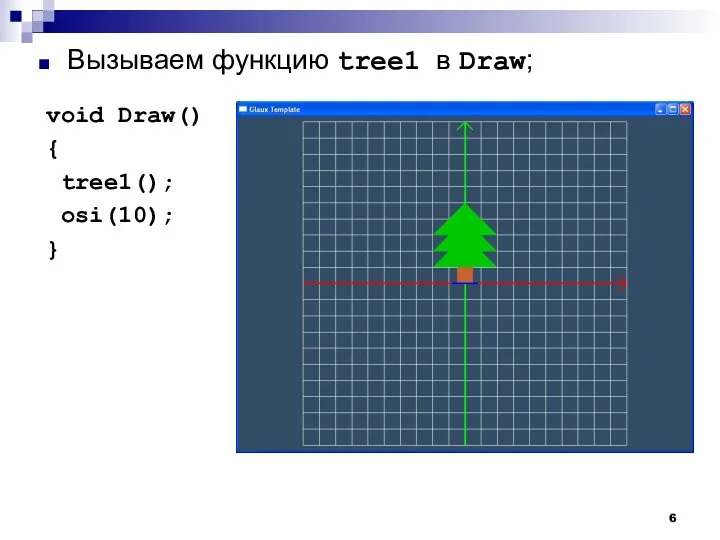 void Draw() { tree1(); osi(10); } Вызываем функцию tree1 в Draw;