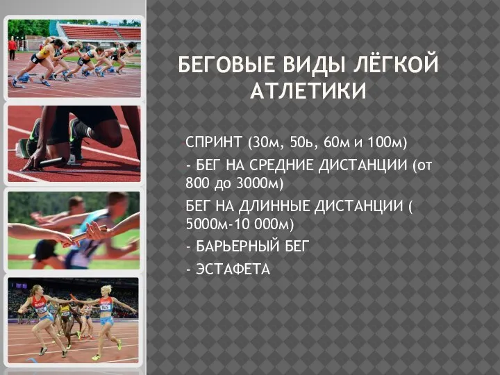 БЕГОВЫЕ ВИДЫ ЛЁГКОЙ АТЛЕТИКИ СПРИНТ (30м, 50ь, 60м и 100м) - БЕГ