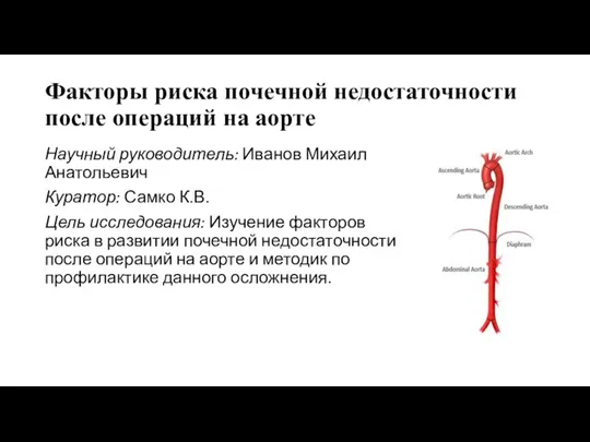 Факторы риска почечной недостаточности после операций на аорте Научный руководитель: Иванов Михаил