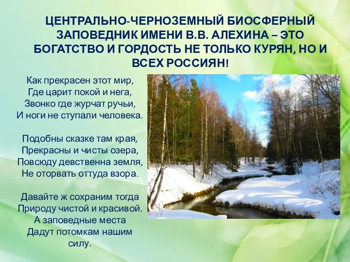 ЦЕНТРАЛЬНО-ЧЕРНОЗЕМНЫЙ БИОСФЕРНЫЙ ЗАПОВЕДНИК ИМЕНИ В.В. АЛЕХИНА – ЭТО БОГАТСТВО И ГОРДОСТЬ НЕ