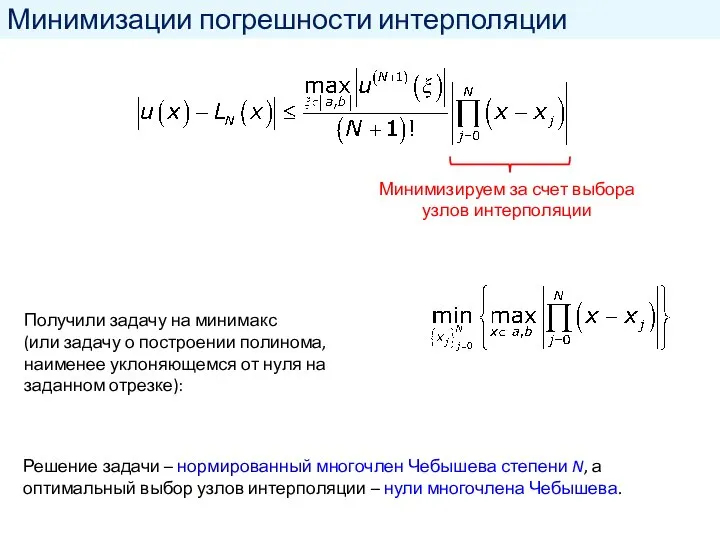 Минимизации погрешности интерполяции Минимизируем за счет выбора узлов интерполяции Получили задачу на