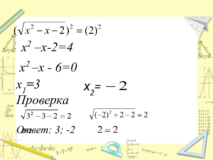 х2 –х-2=4 х2 –х - 6=0 х1=3 Проверка Ответ: 3; -2 2=2 х2=