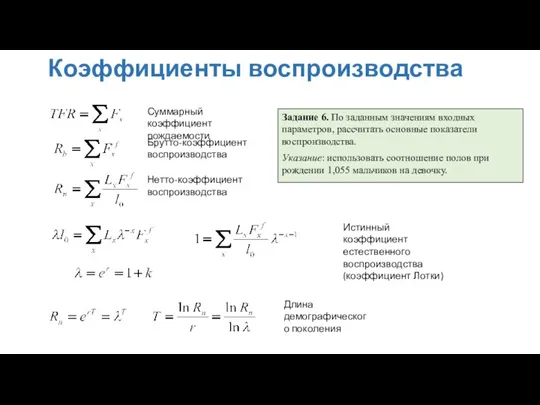 Коэффициенты воспроизводства Задание 6. По заданным значениям входных параметров, рассчитать основные показатели