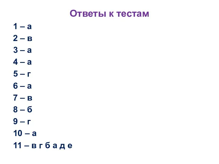 Ответы к тестам 1 – а 2 – в 3 – а