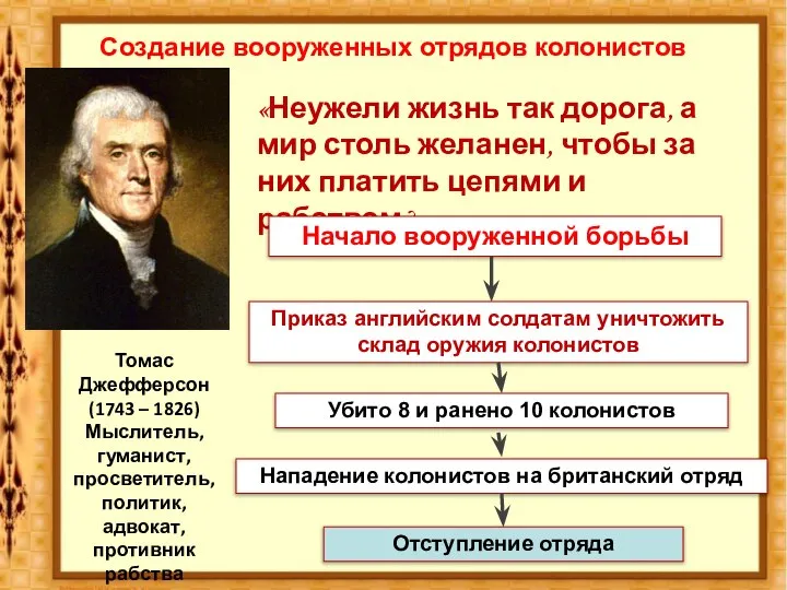 Создание вооруженных отрядов колонистов Томас Джефферсон (1743 – 1826) Мыслитель, гуманист, просветитель,