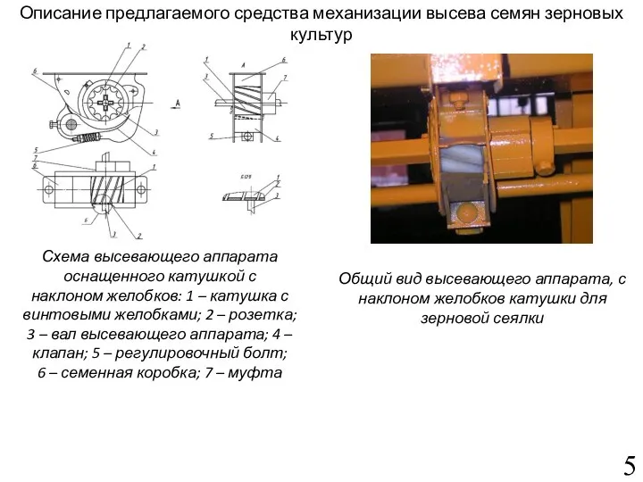 Описание предлагаемого средства механизации высева семян зерновых культур Схема высевающего аппарата оснащенного