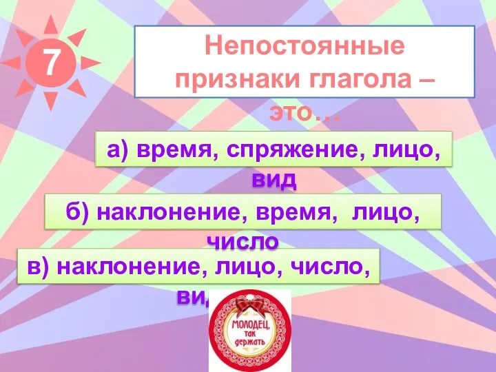 Непостоянные признаки глагола – это… а) время, спряжение, лицо, вид в) наклонение,