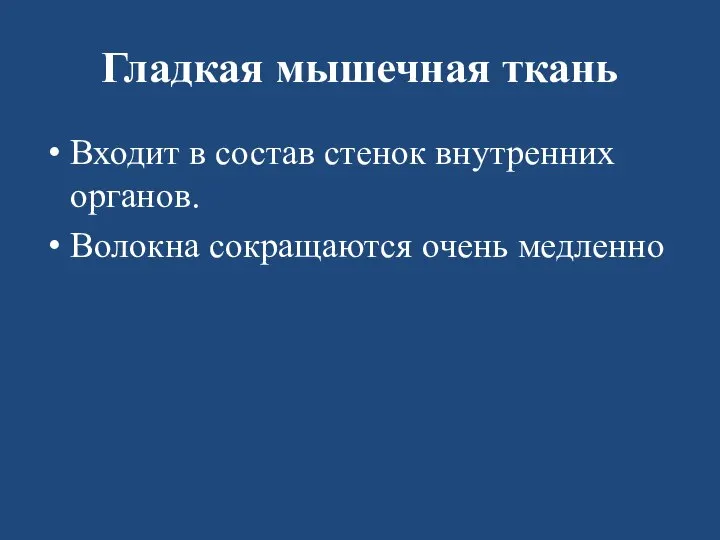 Гладкая мышечная ткань Входит в состав стенок внутренних органов. Волокна сокращаются очень медленно