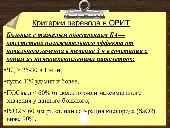 Критерии перевода в ОРИТ Больные с тяжелым обострением БА— отсутствие положительного эффекта