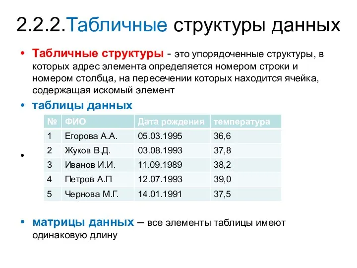 2.2.2.Табличные структуры данных Табличные структуры - это упорядоченные структуры, в которых адрес