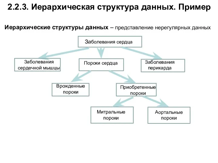 2.2.3. Иерархическая структура данных. Пример Заболевания сердца Заболевания сердечной мышцы Пороки сердца