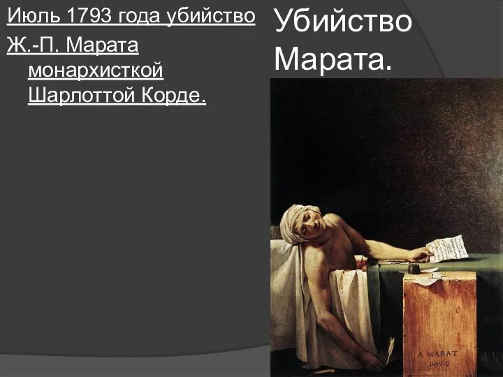 Убийство Марата. Июль 1793 года убийство Ж.-П. Марата монархисткой Шарлоттой Корде.