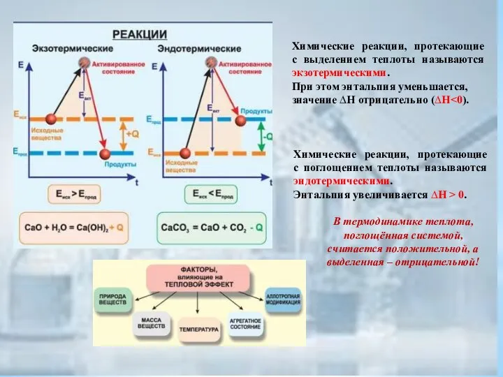 Химические реакции, протекающие с выделением теплоты называются экзотермическими. При этом энтальпия уменьшается,