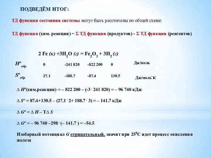 ПОДВЕДЁМ ИТОГ: ТД функции состояния системы могут быть рассчитаны по общей схеме: