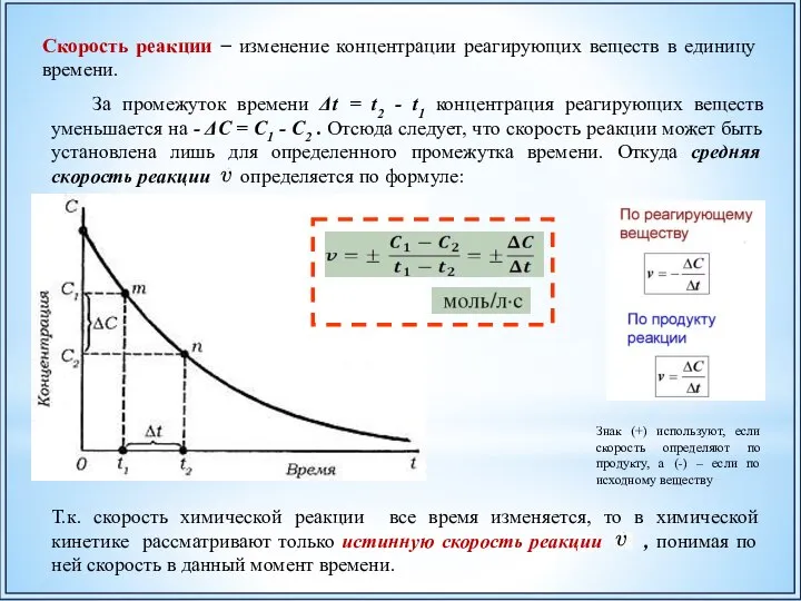 Скорость реакции − изменение концентрации реагирующих веществ в единицу времени. За промежуток