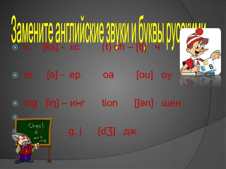 Замените английские звуки и буквы русскими x [ks] - кс (t) ch