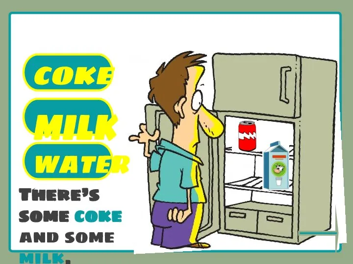 What’s there in the fridge? COKE MILK WATER There’s some coke and some milk.