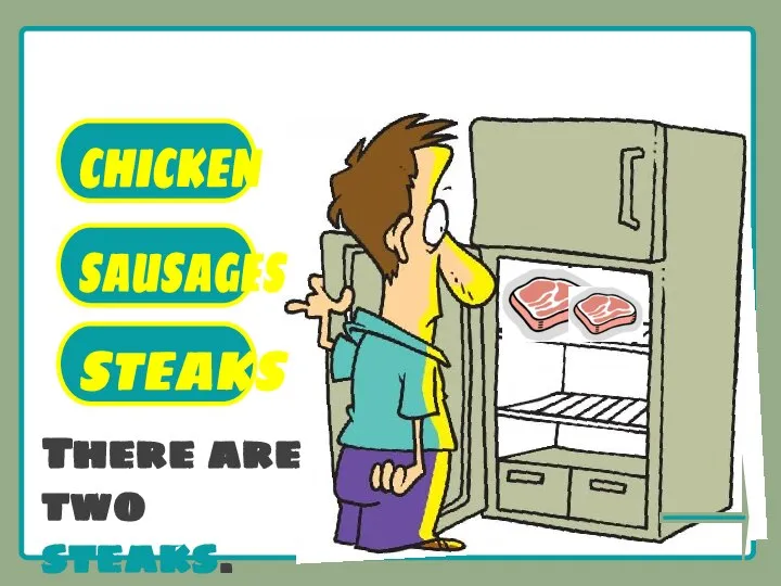 What’s there in the fridge? CHICKEN SAUSAGES STEAKS There are two steaks.
