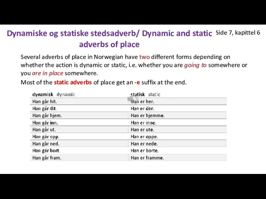 Dynamiske og statiske stedsadverb/ Dynamic and static adverbs of place Several adverbs