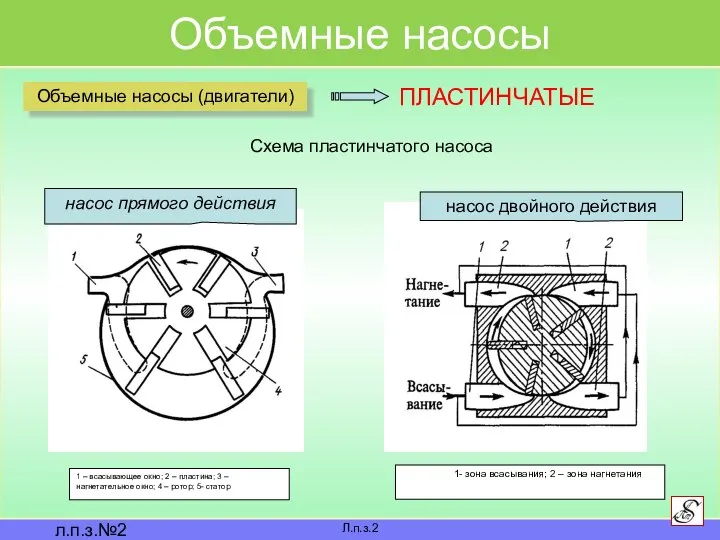 Объемные насосы Л.п.з.2 л.п.з.№2 Объемные насосы (двигатели) ПЛАСТИНЧАТЫЕ 1 – всасывающее окно;