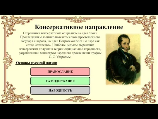 Консервативное направление Сторонники консерватизма опирались на идеи эпохи Просвещения о взаимно полезном