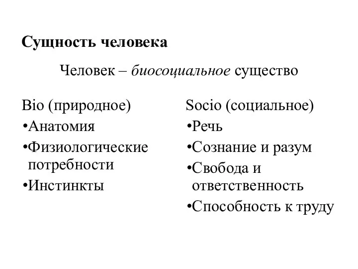 Сущность человека Bio (природное) Анатомия Физиологические потребности Инстинкты Socio (социальное) Речь Сознание