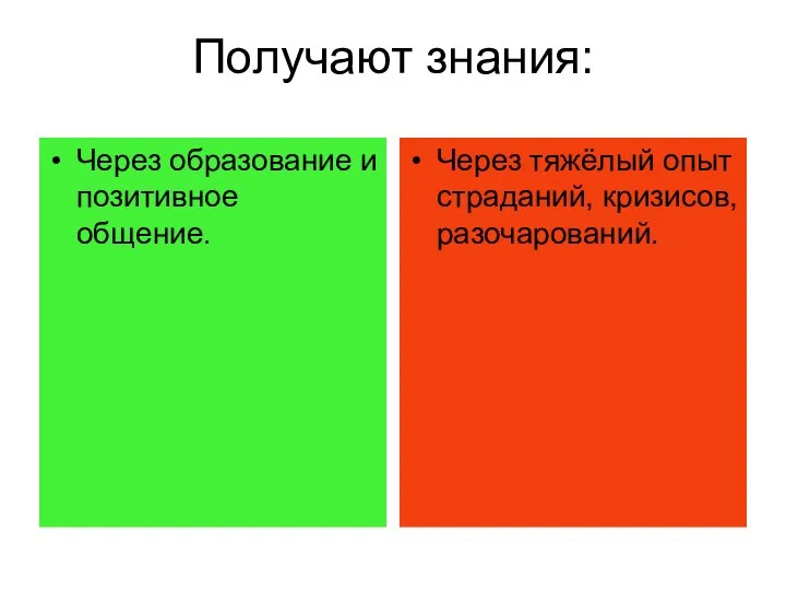 Получают знания: Через образование и позитивное общение. Через тяжёлый опыт страданий, кризисов, разочарований.