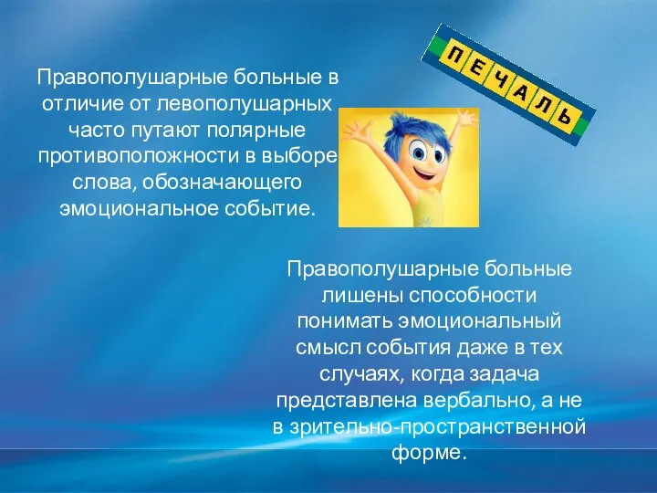 Правополушарные больные в отличие от левополушарных часто путают полярные противоположности в выборе