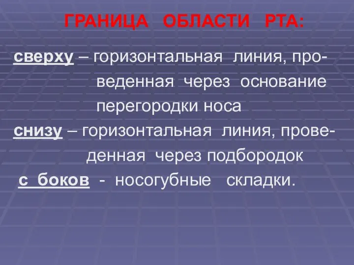 ГРАНИЦА ОБЛАСТИ РТА: сверху – горизонтальная линия, про- веденная через основание перегородки