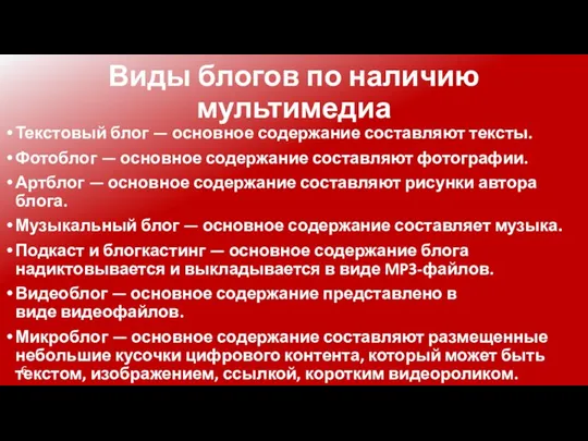 Виды блогов по наличию мультимедиа Текстовый блог — основное содержание составляют тексты.