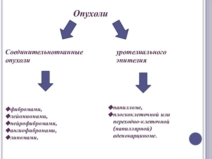 Соединительнотканные опухоли уротелиального эпителия фибромами, лейомиомами, нейрофибромами, ангиофибромами, липомами, папилломе, плоскоклеточной или переходно-клеточной (папиллярной) аденокарциноме. Опухоли