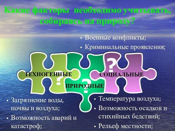 Какие факторы необходимо учитывать, собираясь на природу? ? ? ? Температура воздуха;