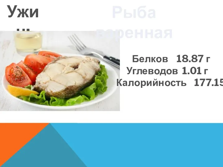 Ужин: Белков 18.87 г Углеводов 1.01 г Калорийность 177.15 Рыба варенная