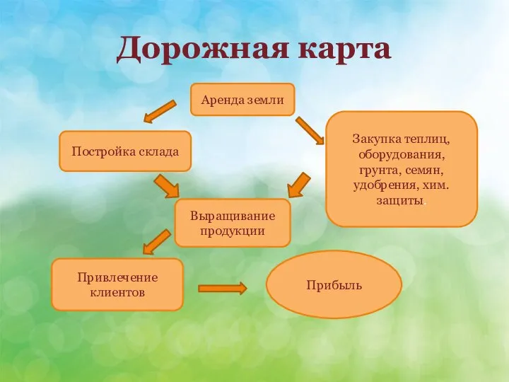 Дорожная карта Аренда земли Постройка склада Закупка теплиц, оборудования, грунта, семян, удобрения,