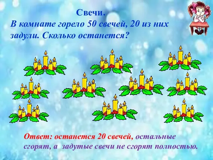 Свечи. В комнате горело 50 свечей, 20 из них задули. Сколько останется?