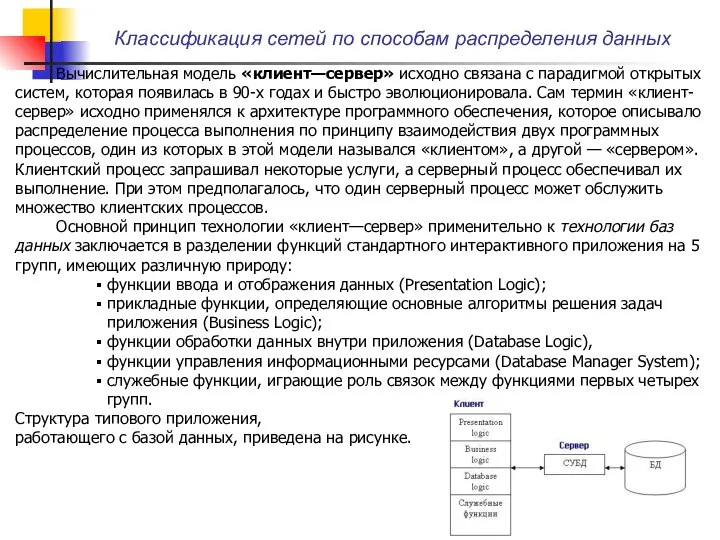 Классификация сетей по способам распределения данных Вычислительная модель «клиент—сервер» исходно связана с