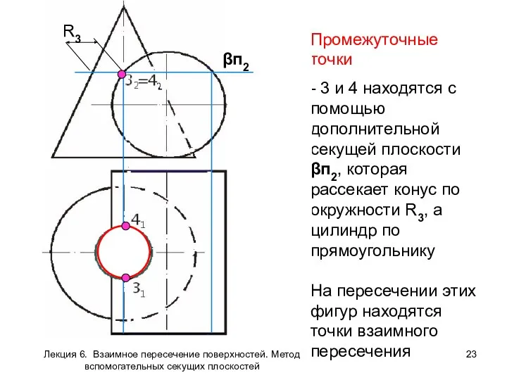 Промежуточные точки - 3 и 4 находятся с помощью дополнительной секущей плоскости