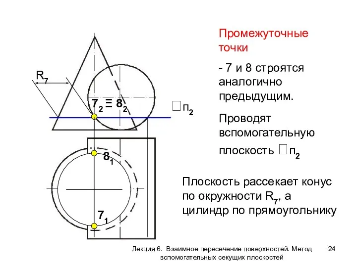 Промежуточные точки - 7 и 8 строятся аналогично предыдущим. Проводят вспомогательную плоскость