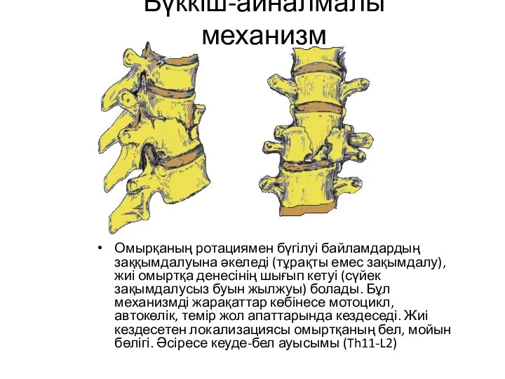 Бүккіш-айналмалы механизм Омырқаның ротациямен бүгілуі байламдардың заққымдалуына әкеледі (тұрақты емес зақымдалу),жиі омыртқа