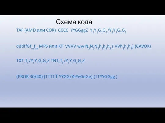 Схема кода TAF (AMD или COR) CCCC YYGGggZ Y1Y1G1G1/Y2Y2G2G2 dddffGfmfm MPS или