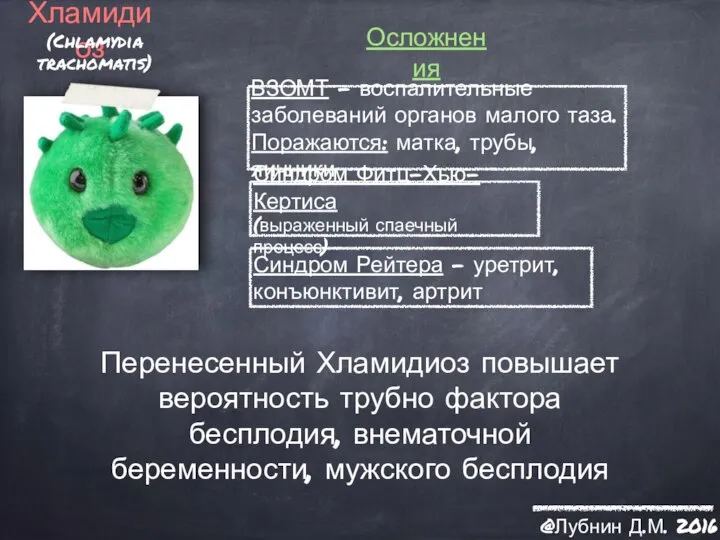 Хламидиоз (Chlamydia trachomatis) Осложнения Перенесенный Хламидиоз повышает вероятность трубно фактора бесплодия, внематочной