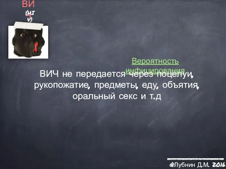 ВИЧ (HIV) Вероятность инфицирования ВИЧ не передается через поцелуи, рукопожатие, предметы, еду,