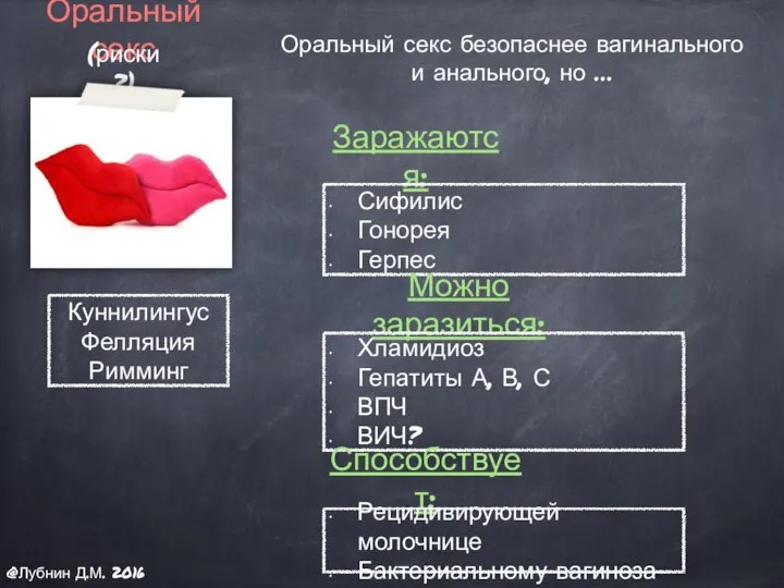 Оральный секс (риски?) Заражаются: Можно заразиться: Способствует: Оральный секс безопаснее вагинального и